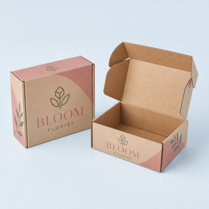 Supply Boxes printed on corrugated E-flute cardboard, 9 x 12 x 9 inches, shown at an angle