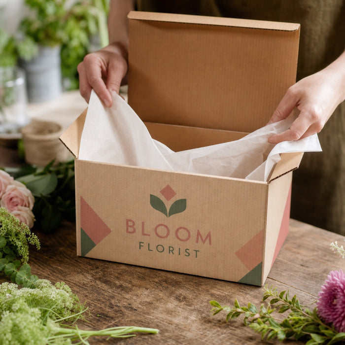 Supply Boxes in use - being packed with tissue paper by two hands