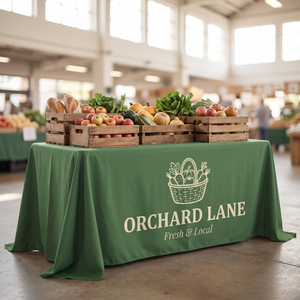 Green printed table throw on a market stall table