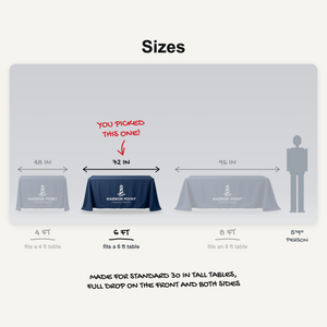 Table throw sizes: 4 ft, 6 ft and 8 ft tables to scale, 6 ft picked