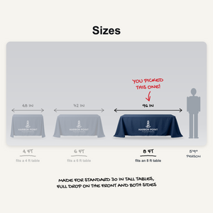 Table throw sizes: 4 ft, 6 ft and 8 ft tables to scale, 8 ft picked