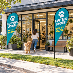 Teardrop flag at a pet groomer