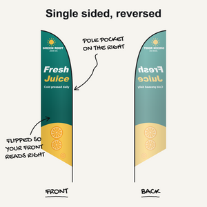 Feather tent flag, single sided reversed: pole pocket on the right, flipped so the front reads right