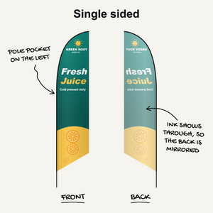 Feather tent flag, single sided: pole pocket on the left, ink shows through so the back is mirrored
