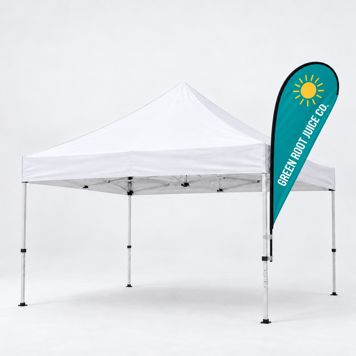 Medium teardrop tent flag clamped to a pop up canopy leg