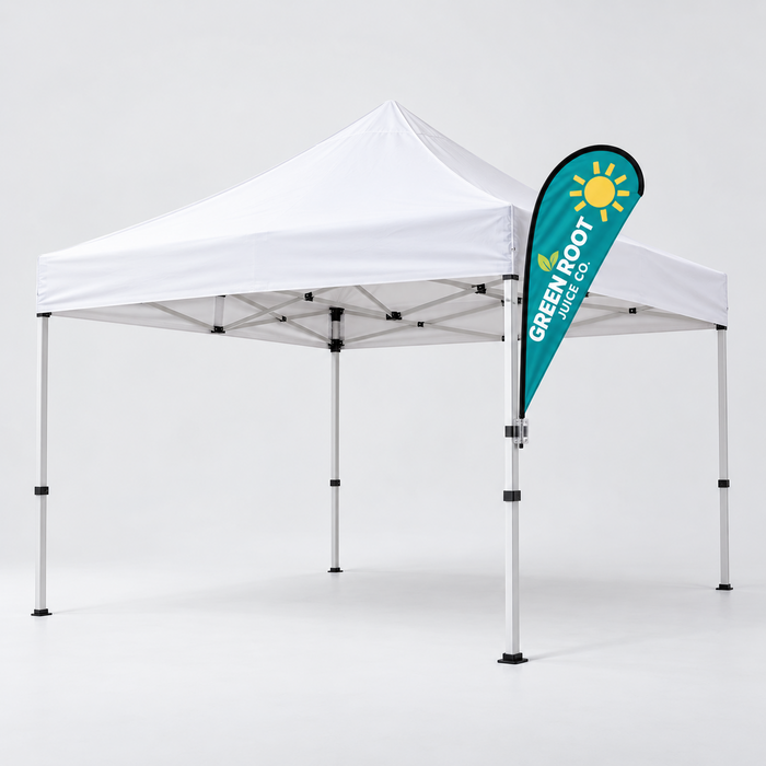 Small teardrop tent flag clamped to a pop up canopy leg