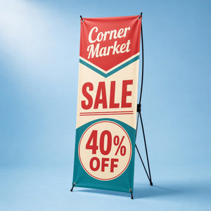 X-Frame Banners, 13oz matte vinyl, 23.6 x 63 inches, shown in an alternate use