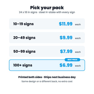 Yard sign pack prices: 10-19 signs $11.99 each, 20-49 $9.99, 50-99 $7.99, 100+ $6.99