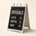 A-Frame Signs printed on corrugated plastic inserts in a moulded plastic A-frame frame, 24 x 36 inch inserts, shown at an angle