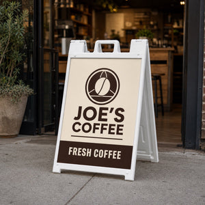 A-Frame Signs in use - on the pavement outside a cafe with the door open behind