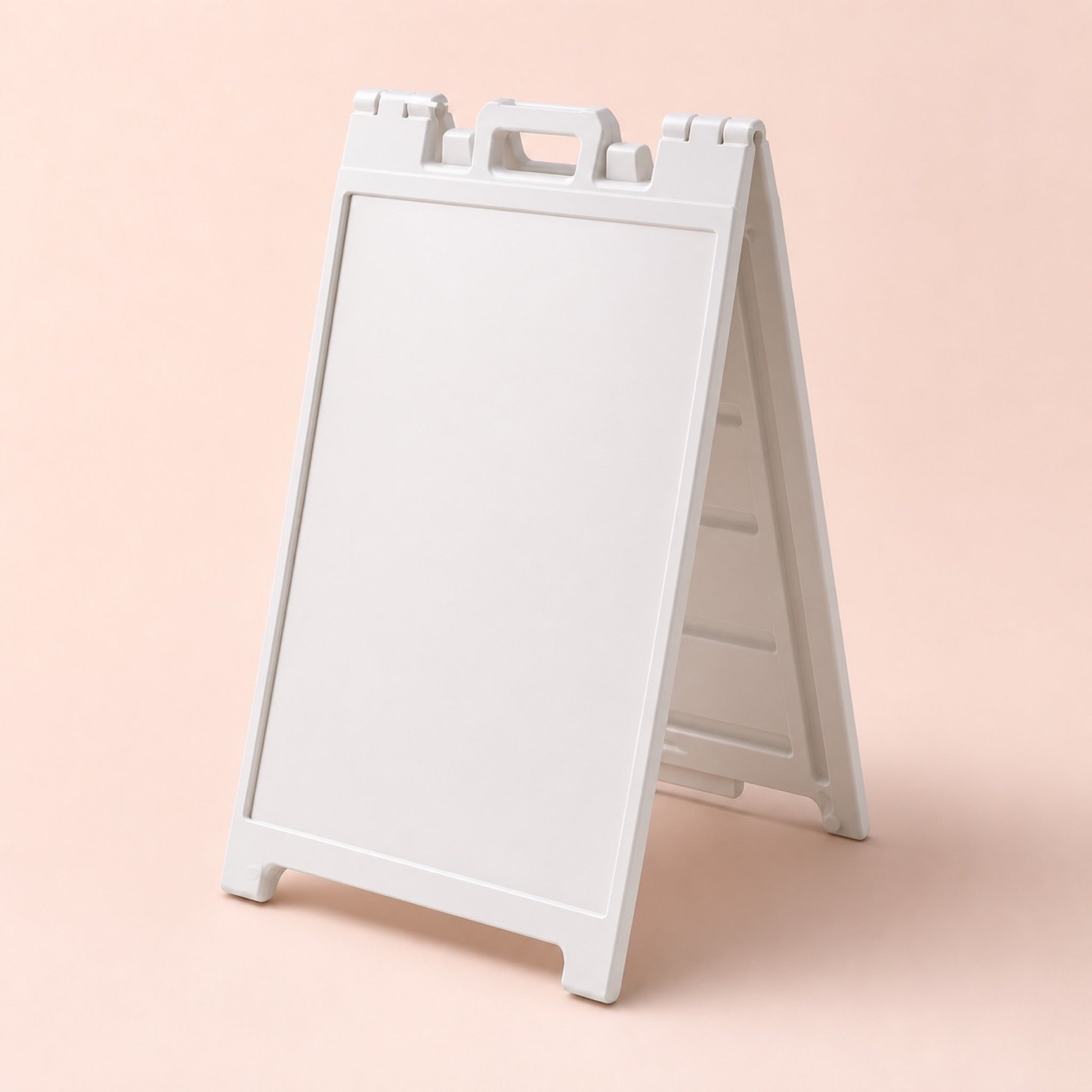 A-Frame Stands printed on moulded plastic A-frame sidewalk stand, 25 x 45 inches assembled, shown at an angle
