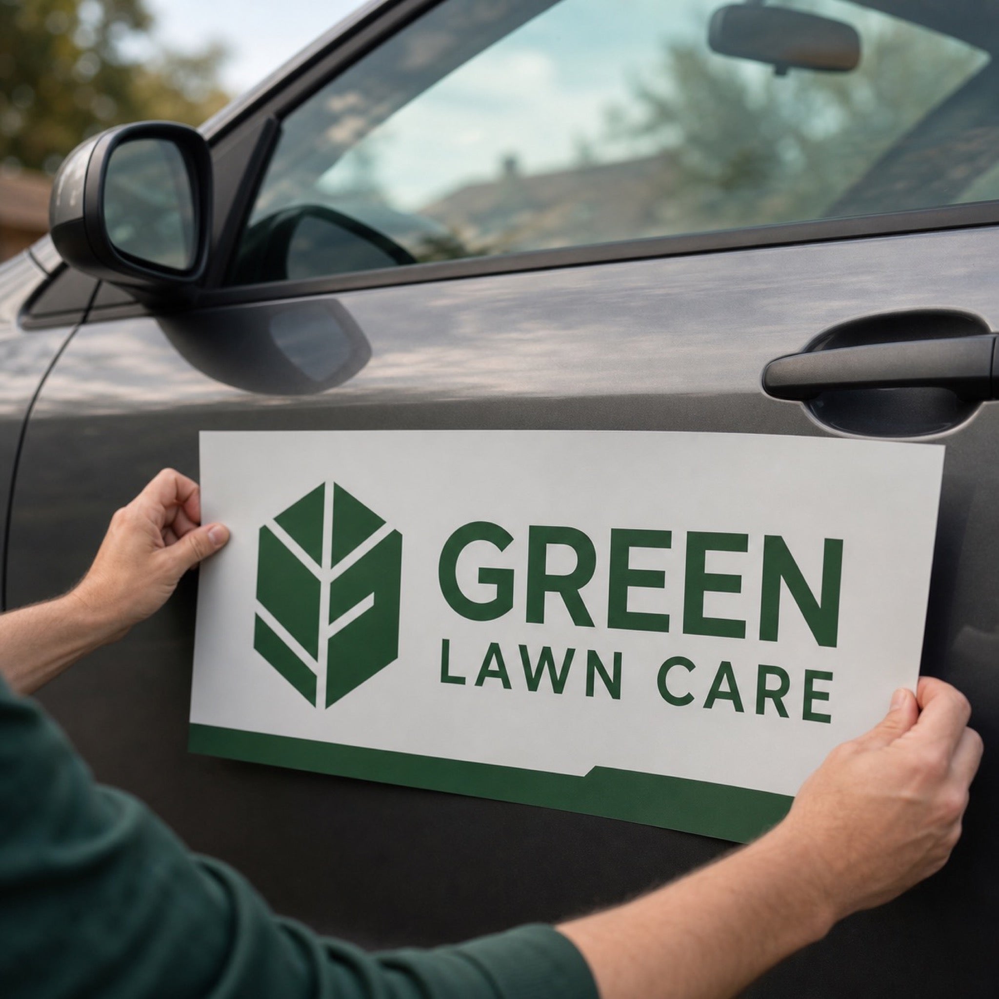 Car Magnets in use - being placed onto a car door by two hands