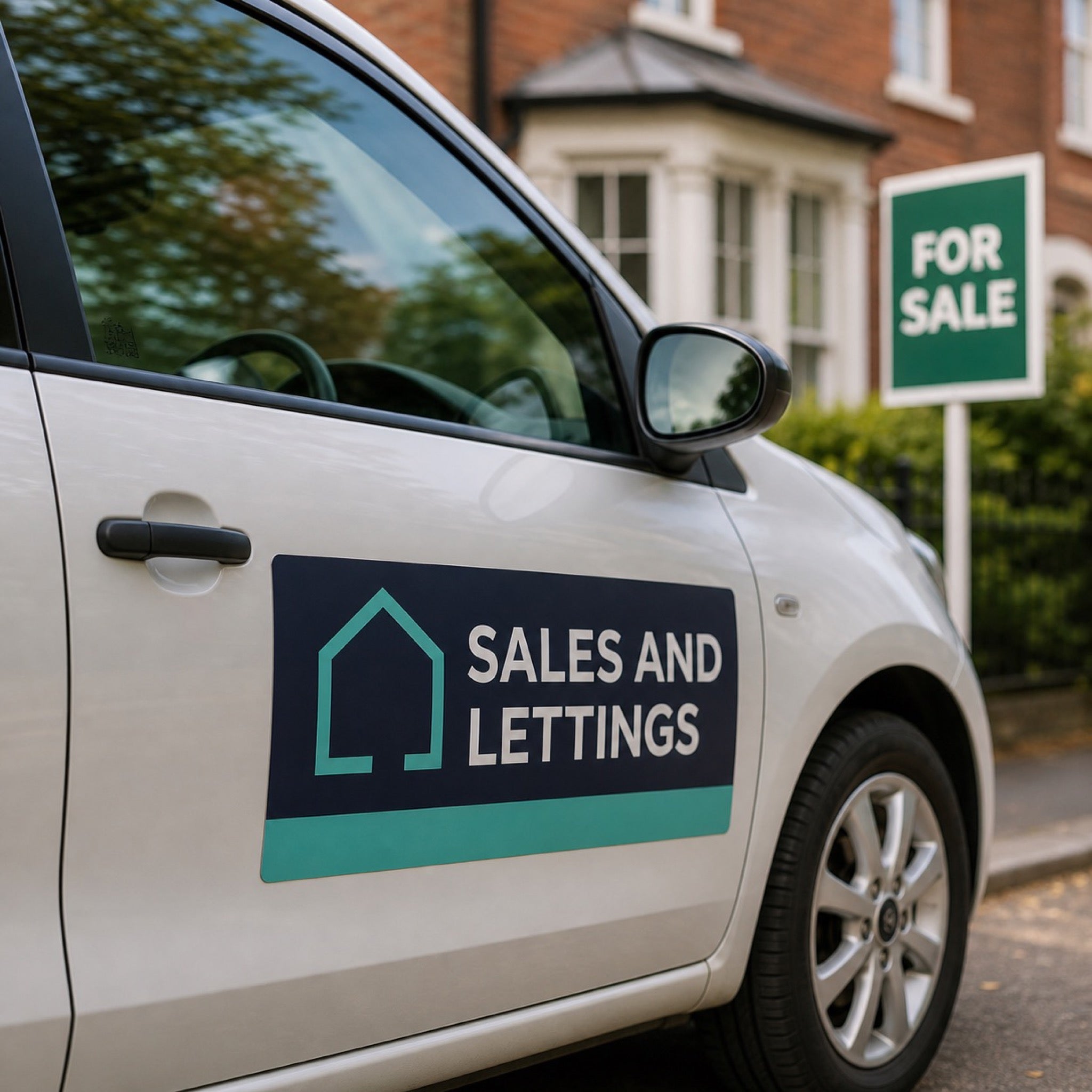 Car Magnets in use - on the door of a small car parked outside a property with a for-sale board