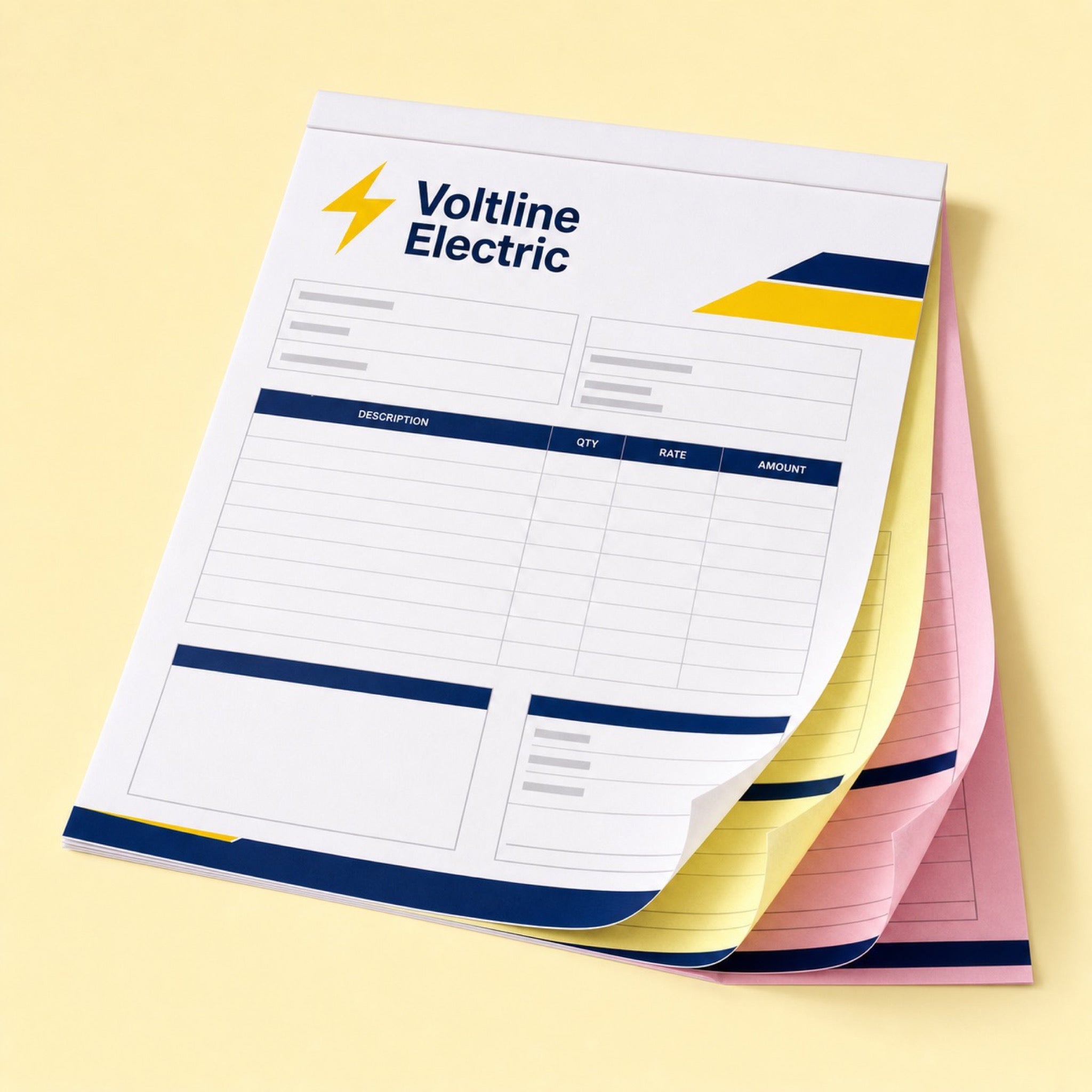 Carbonless NCR Forms printed on carbonless NCR paper in white, yellow and pink parts, 8.5 x 11 inches, shown at an angle