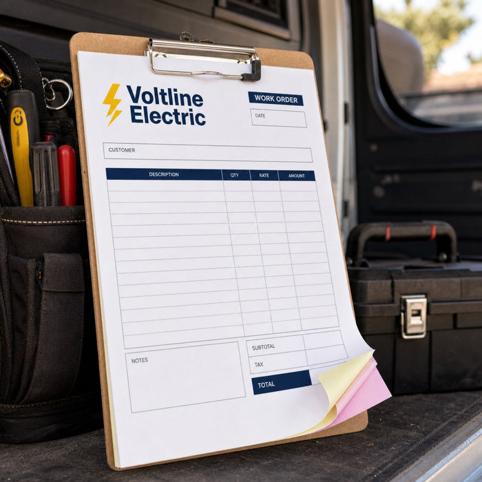 Carbonless NCR Forms in use - in a van on a clipboard beside a toolbox