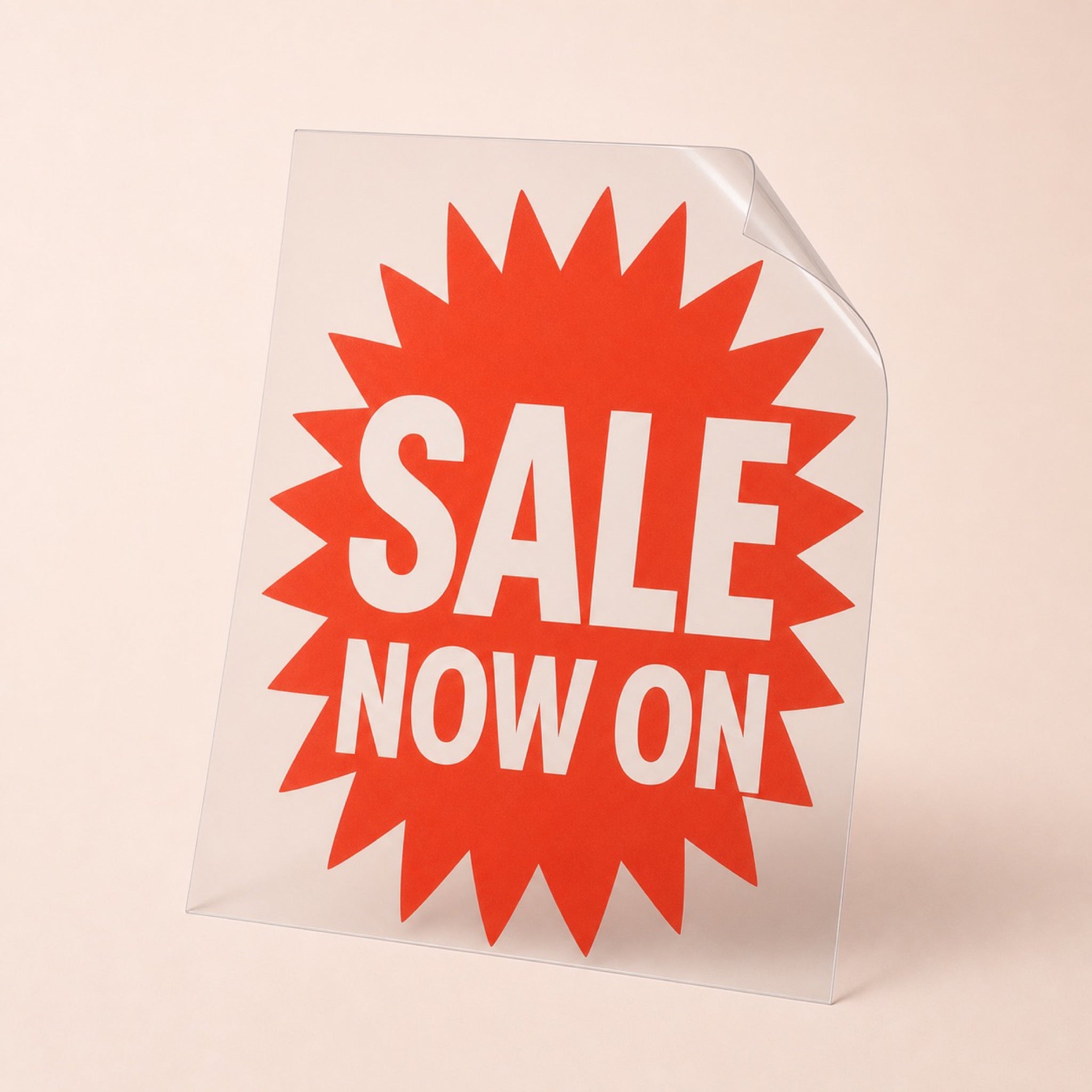 Clear Window Clings printed as a SALE NOW ON promo in bold type on a bright field