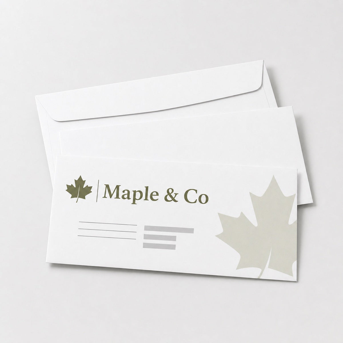 Custom Envelopes printed on 70lb uncoated wove envelope stock, #10 size, 4.125 x 9.5 inches, shown at an angle