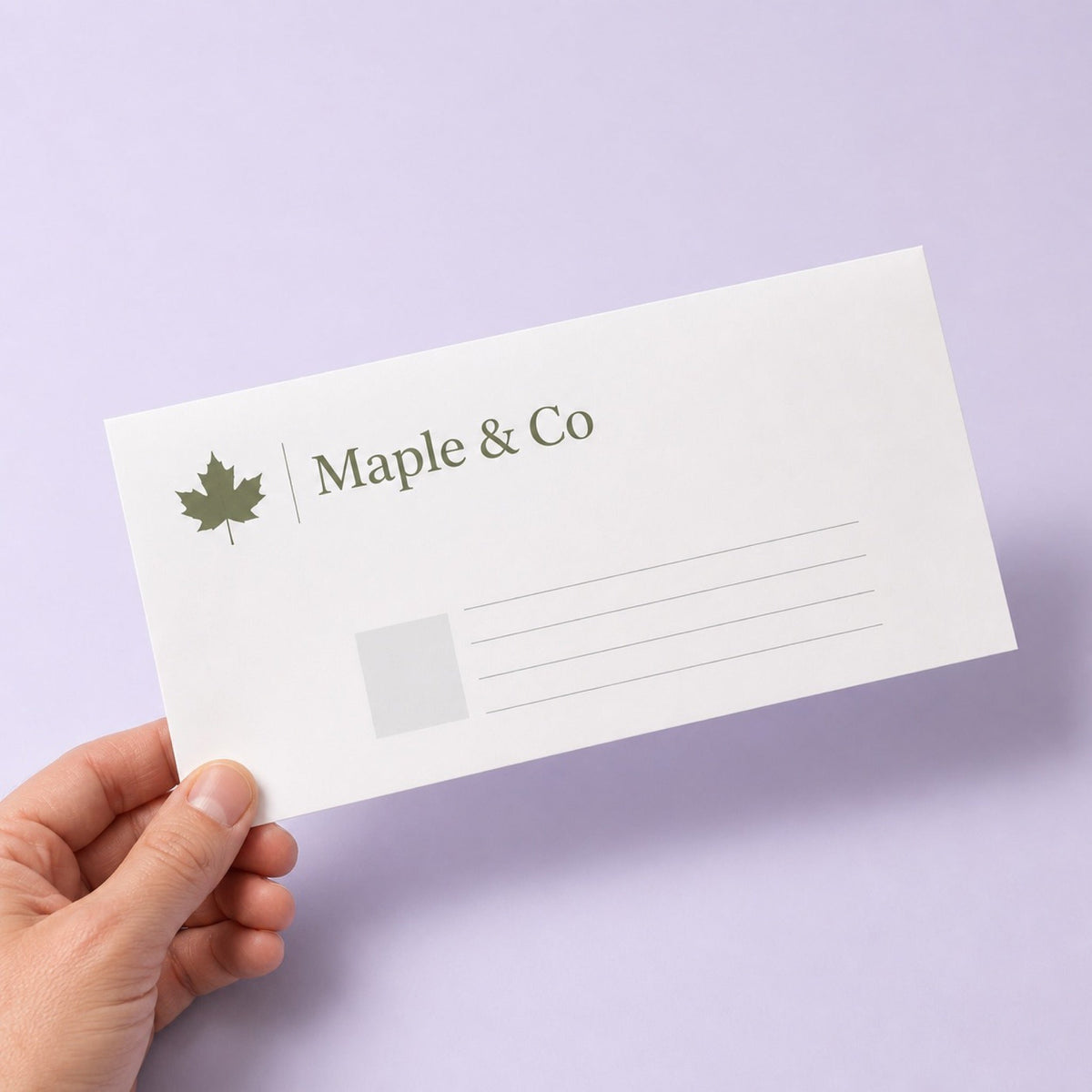 Custom Envelopes held in hand showing its #10 size, 4.125 x 9.5 inches size