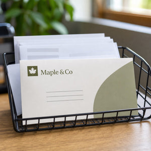 Custom Envelopes in use - in a wire mail tray on an office desk with other post