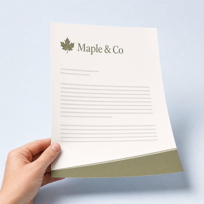 Custom Letterhead held in hand showing its 8.5 x 11 inches size