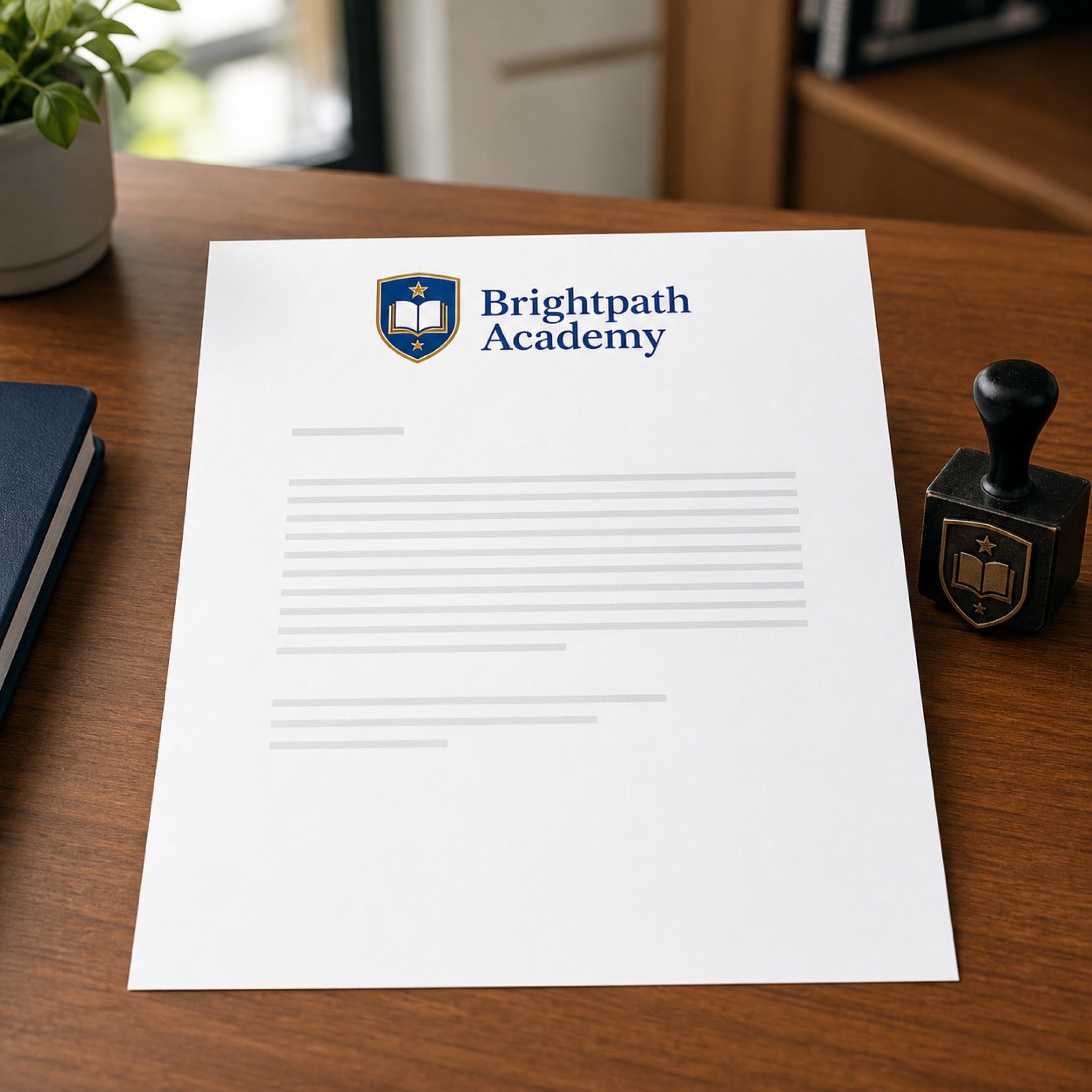 Custom Letterhead in use - on a school office desk beside a crest stamp