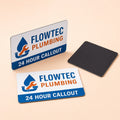 Custom Magnets printed on 14pt flexible magnetic stock, 3.5 x 2 inches, shown at an angle