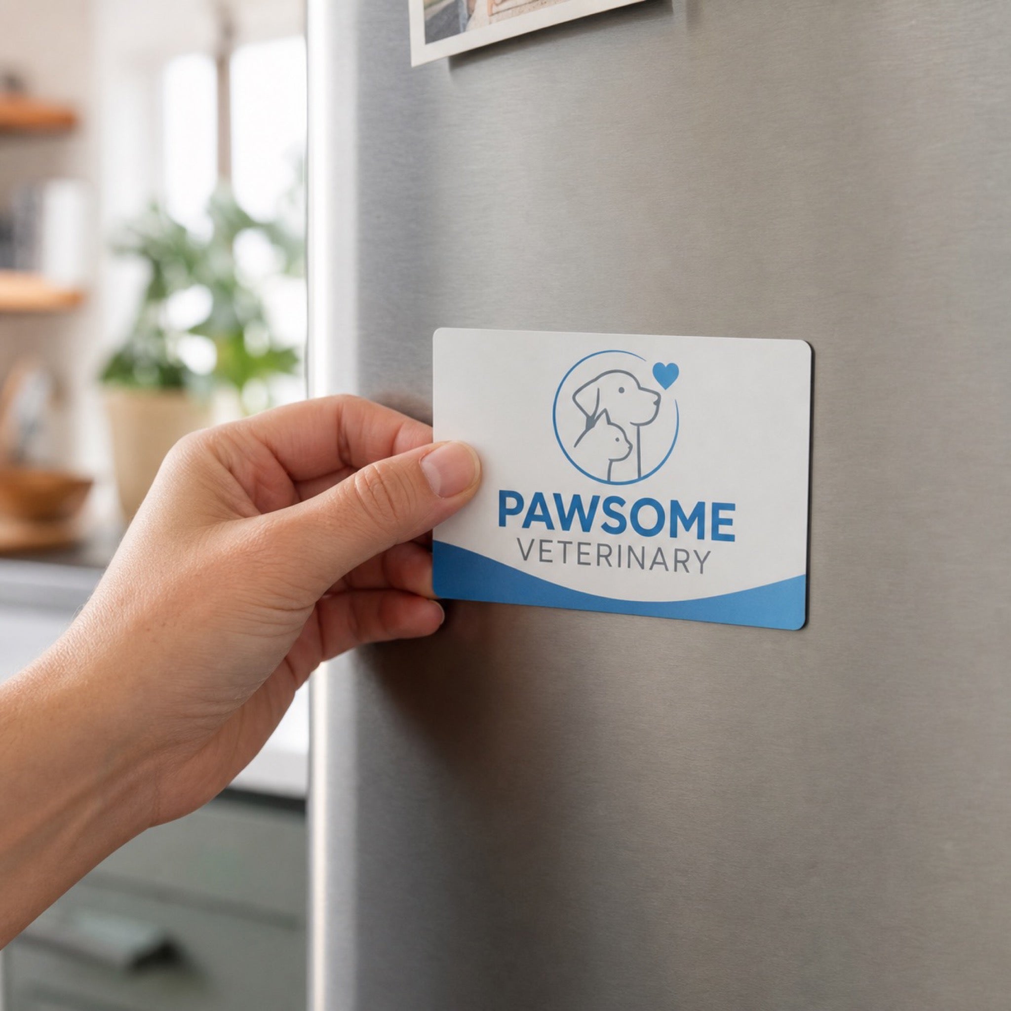 Custom Magnets in use - being pressed onto a kitchen fridge by one hand