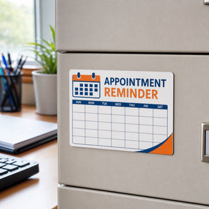 Custom Magnets in use - on a metal office cabinet beside a desk
