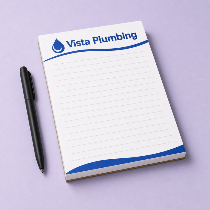 Custom Notepads (25 Pages) held in hand showing its 5.5 x 8.5 inches size