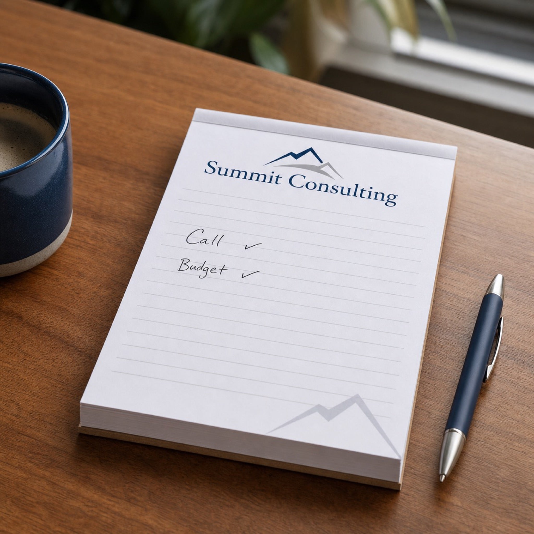 Custom Notepads (50 Pages) in use - on an office desk beside a coffee and a pen with a few words already written