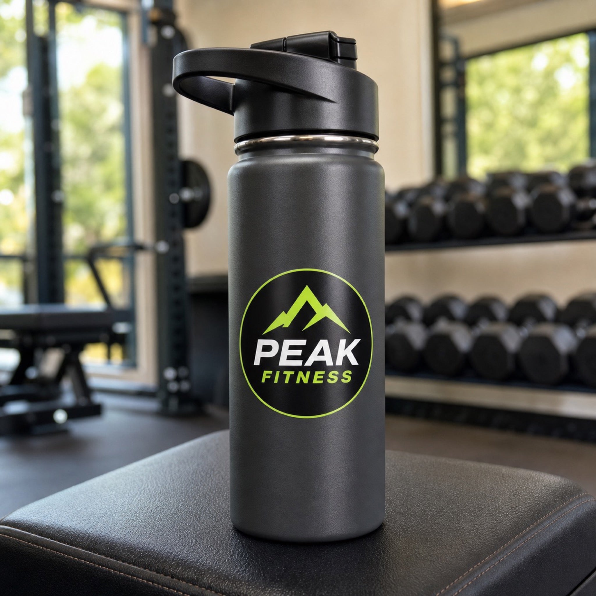Custom Stickers in use - applied to a reusable water bottle on a gym bench