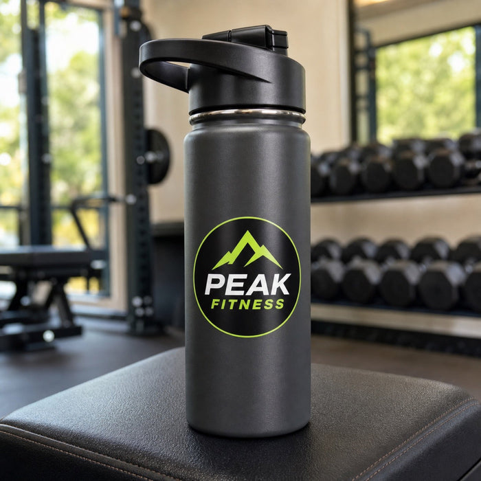 Custom Stickers in use - applied to a reusable water bottle on a gym bench
