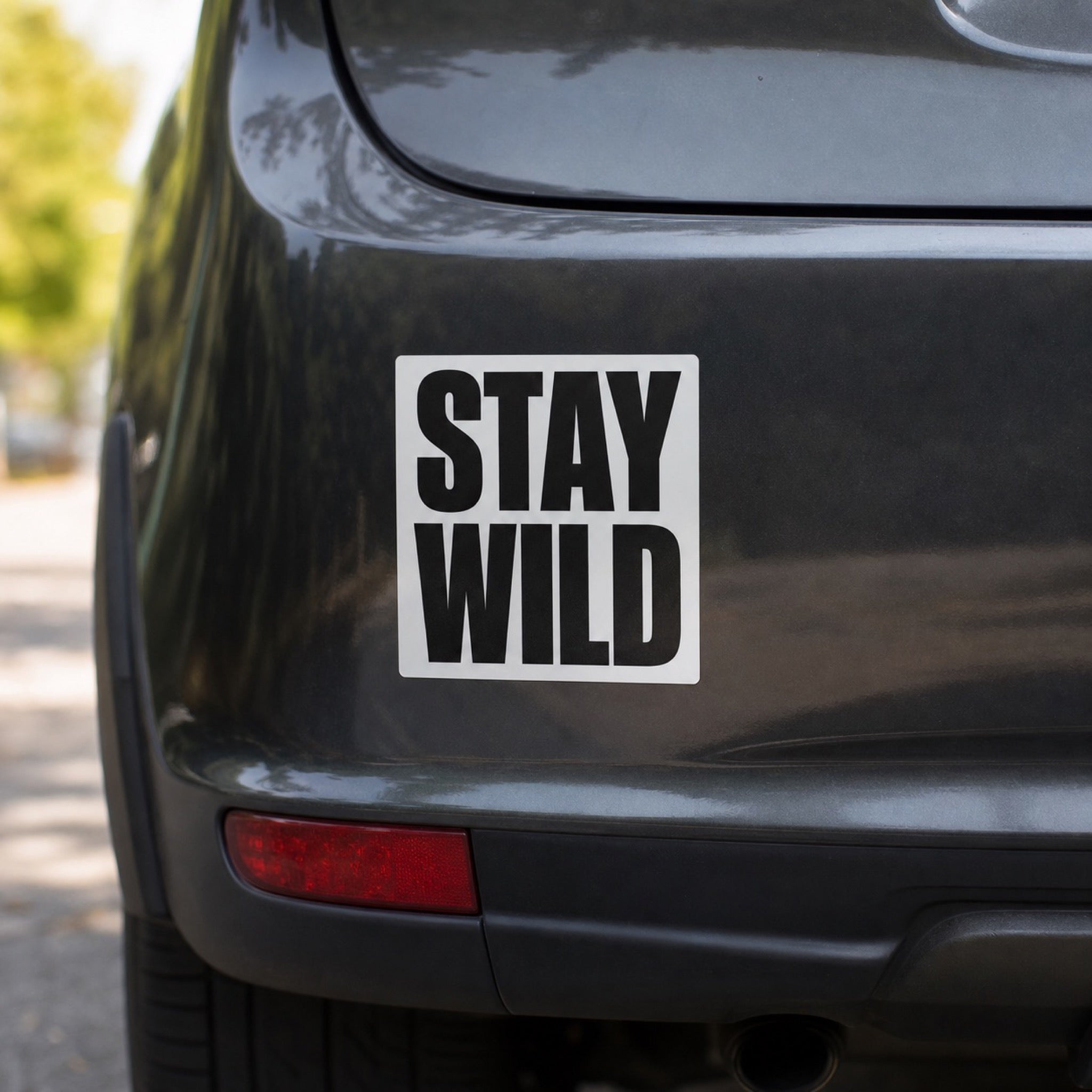 Custom Stickers in use - on the rear bumper of a parked car