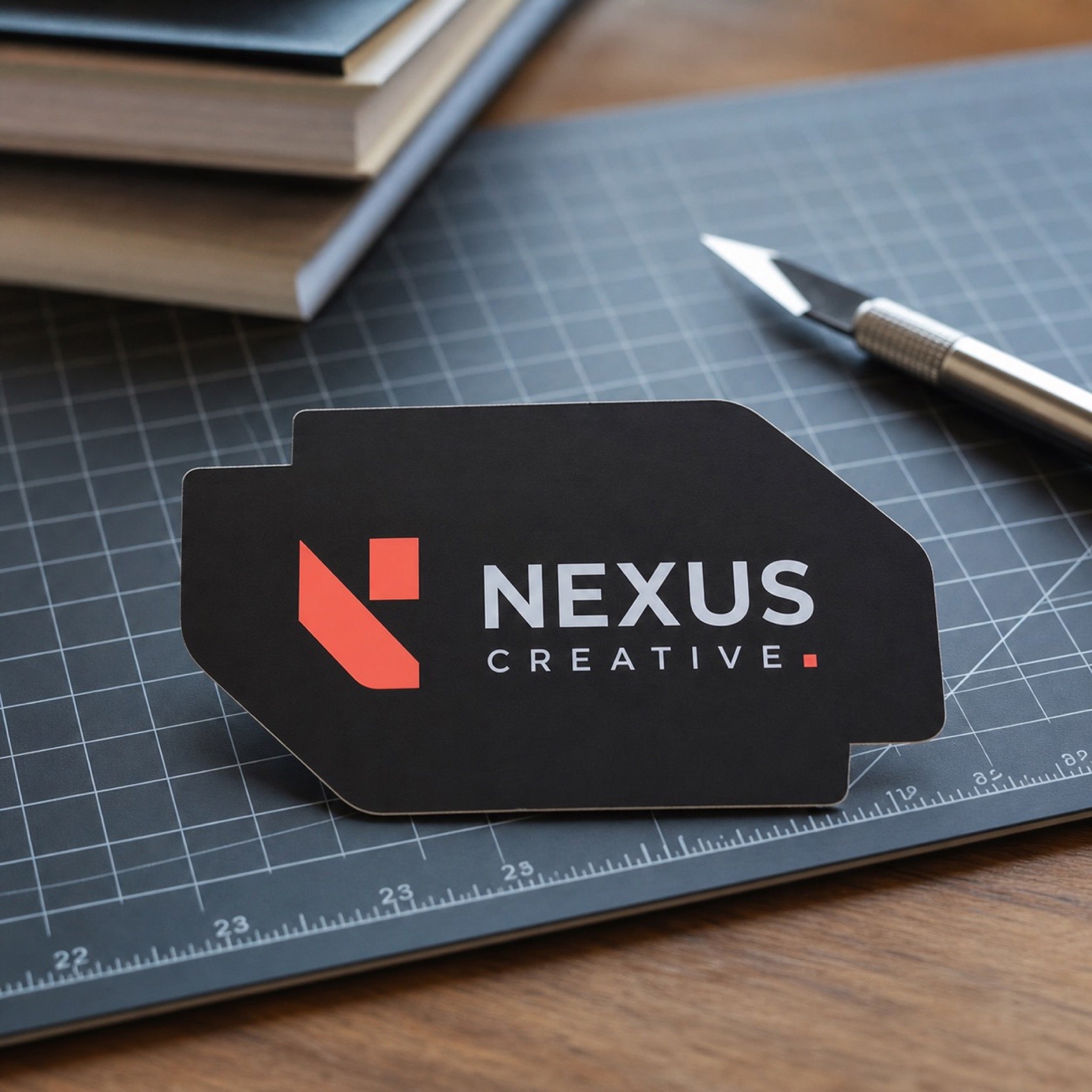 Die Cut Business Cards in use - on a designer's desk beside a scalpel and a cutting mat