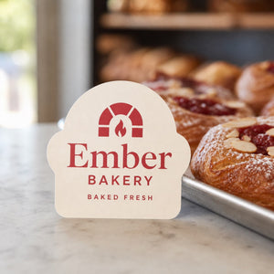 Die Cut Business Cards in use - on a bakery counter beside a tray of pastries