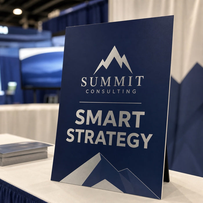 Display Boards 24pt in use - propped on a table at a trade show stand
