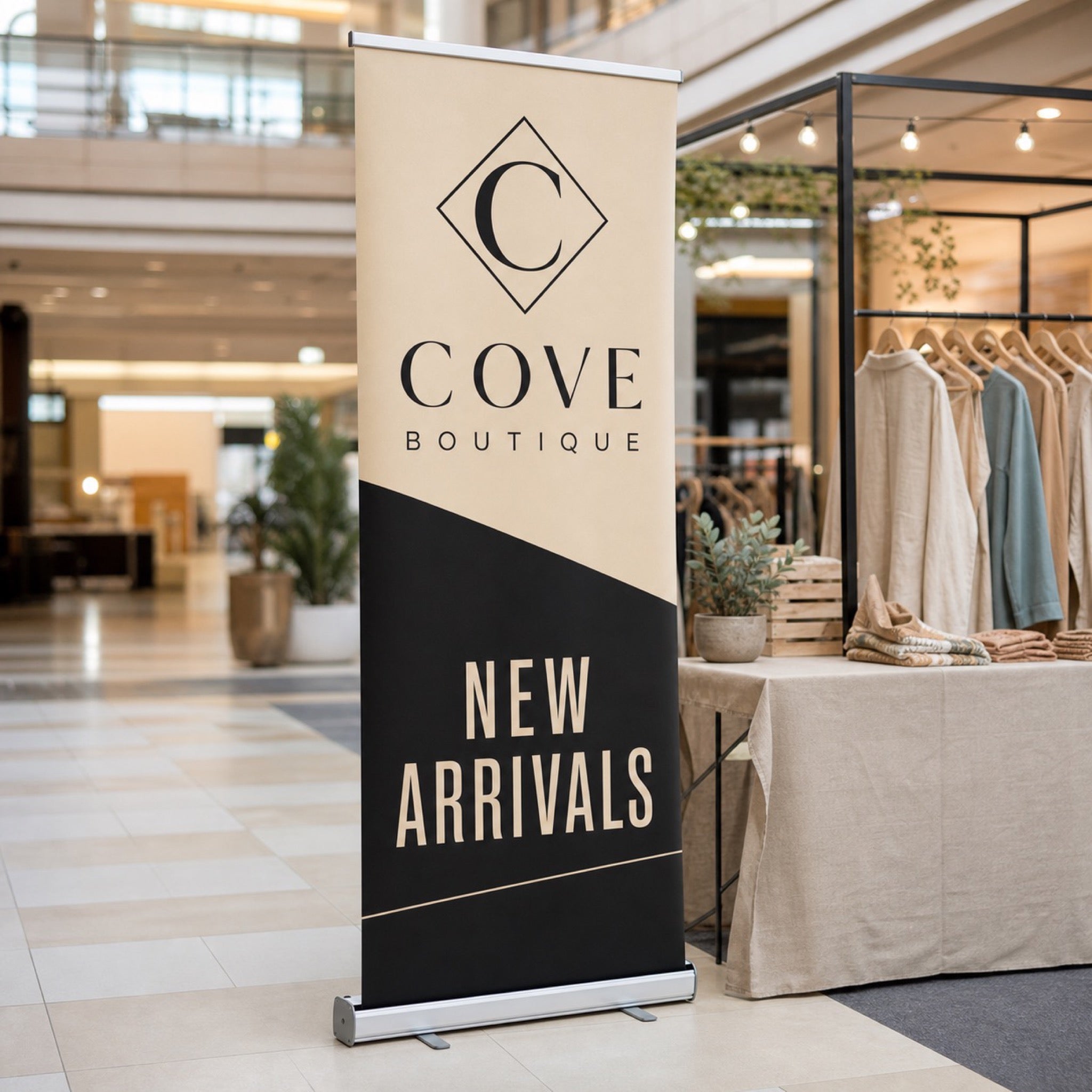Double-Sided Pull-Up Banner in use - in a shopping centre concourse beside a pop-up stand