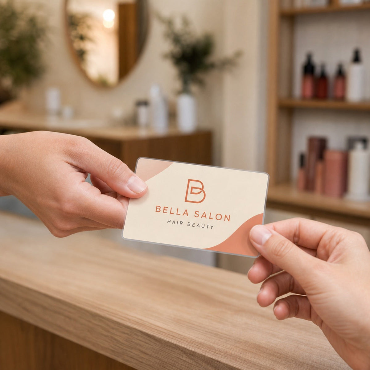 Durable Business Cards in use - being handed across a light wooden salon reception counter from one hand to another