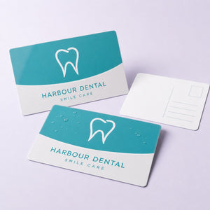 Durable Postcards printed on 14PT card stock, 4 x 6 inches, shown at an angle
