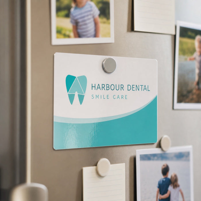Durable Postcards in use - pinned to a fridge door with a magnet among a few family photos