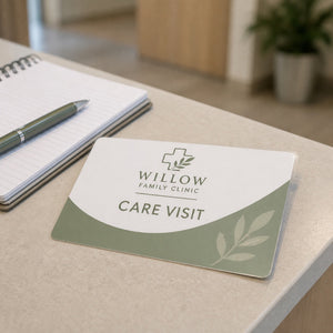 Durable Postcards in use - on a clinic reception desk beside an appointment book