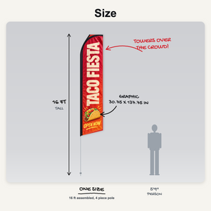 Econo feather flag size, 16 ft tall next to a 5 ft 9 person