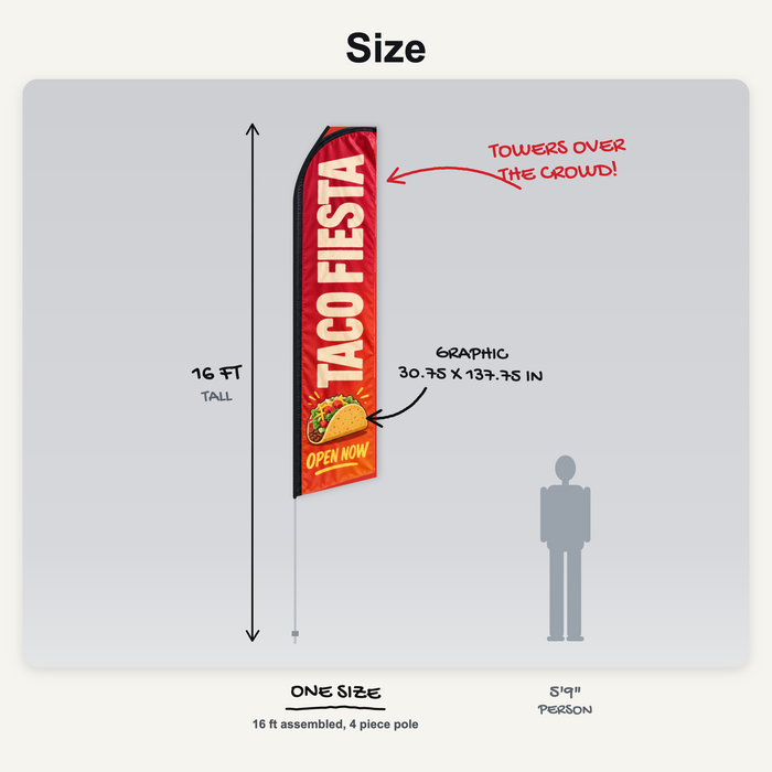 Econo feather flag size, 16 ft tall next to a 5 ft 9 person