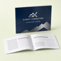 Economy Booklets 8.5x5.5 printed on 100lb gloss text pages with a 100lb gloss cover, saddle stitched, 8.5 x 5.5 inches, shown at an angle