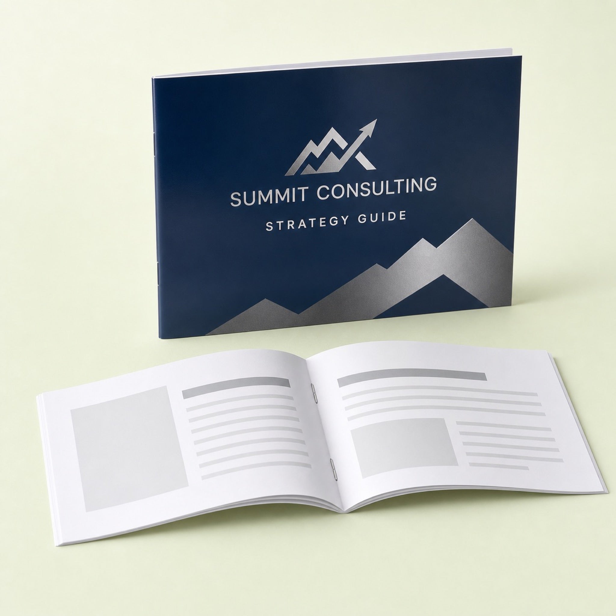Economy Booklets 8.5x5.5 printed on 100lb gloss text pages with a 100lb gloss cover, saddle stitched, 8.5 x 5.5 inches, shown at an angle