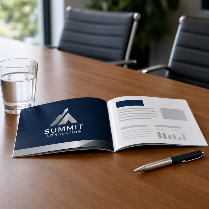 Economy Booklets 8.5x5.5 in use - open on a boardroom table beside a pen and a glass of water