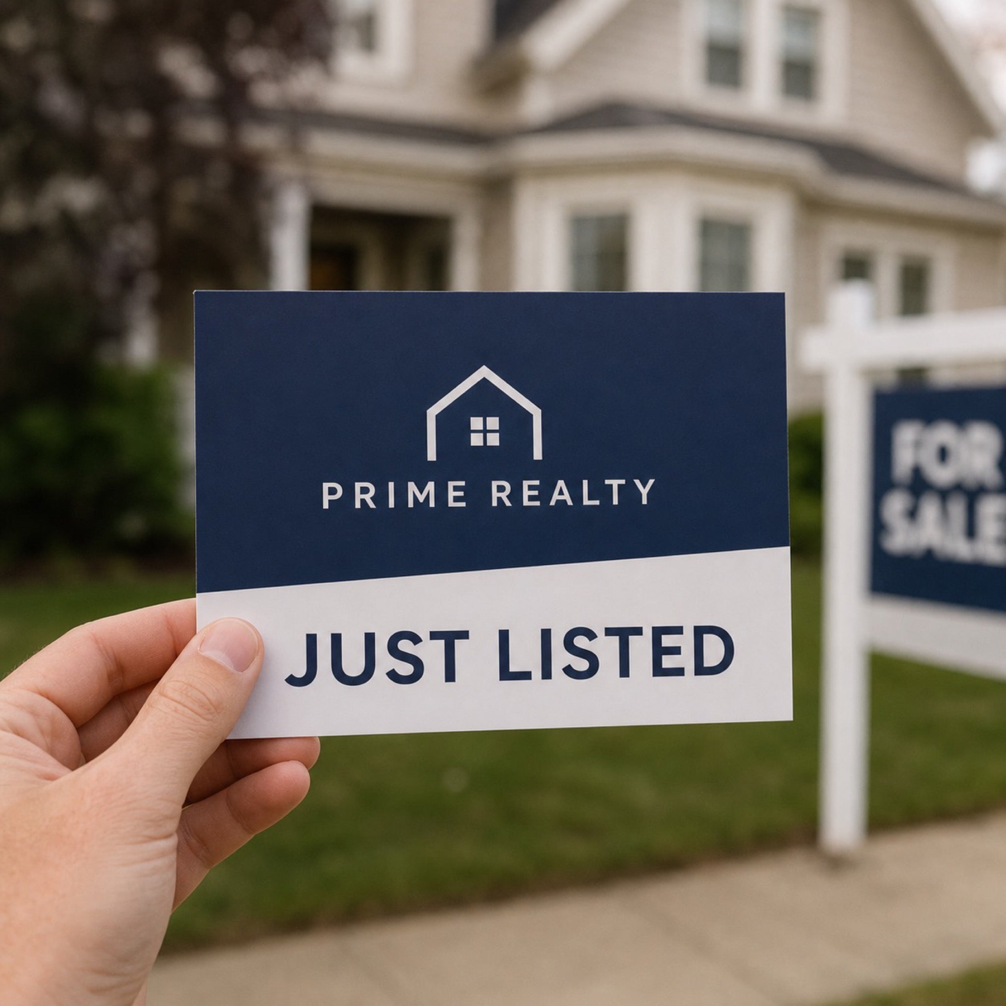 Economy Matte Postcards in use - held in one hand outside a property with a for-sale board behind