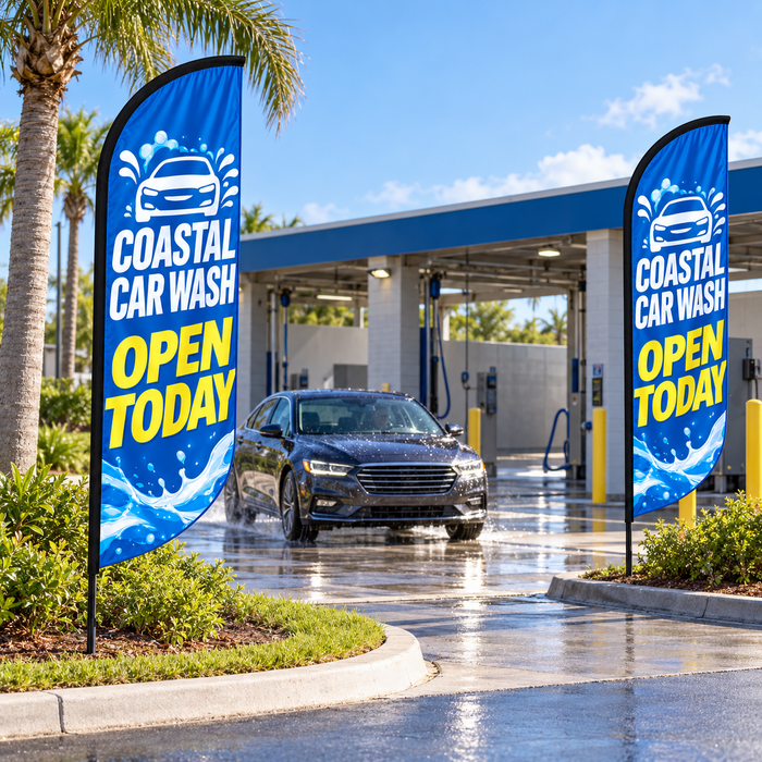 Two convex feather flags at a car wash entrance