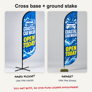 Convex feather flag with cross base and ground stake