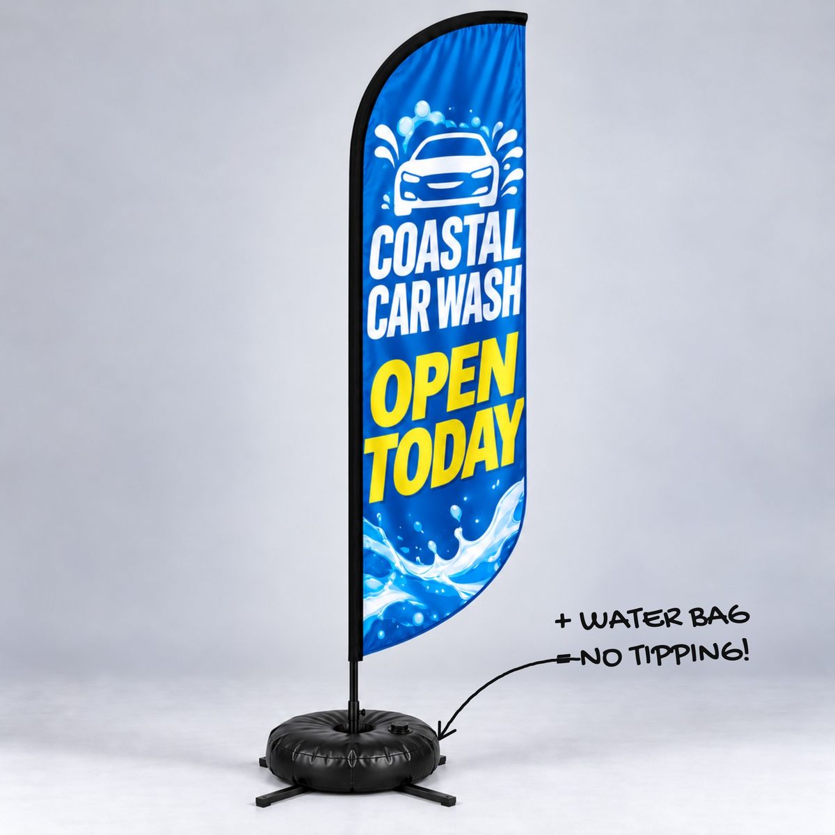 Convex feather flag on a cross base with water bag